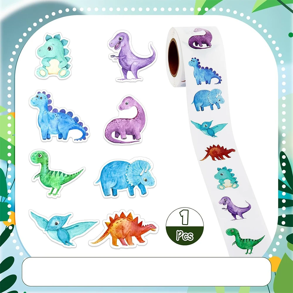 500pcs Cute Cartoon Dinosaur Sealing Stickers Kawaii Animal Decals Roll DIY Phone Helmet Teacher Reward Student Sticker Toy Gift