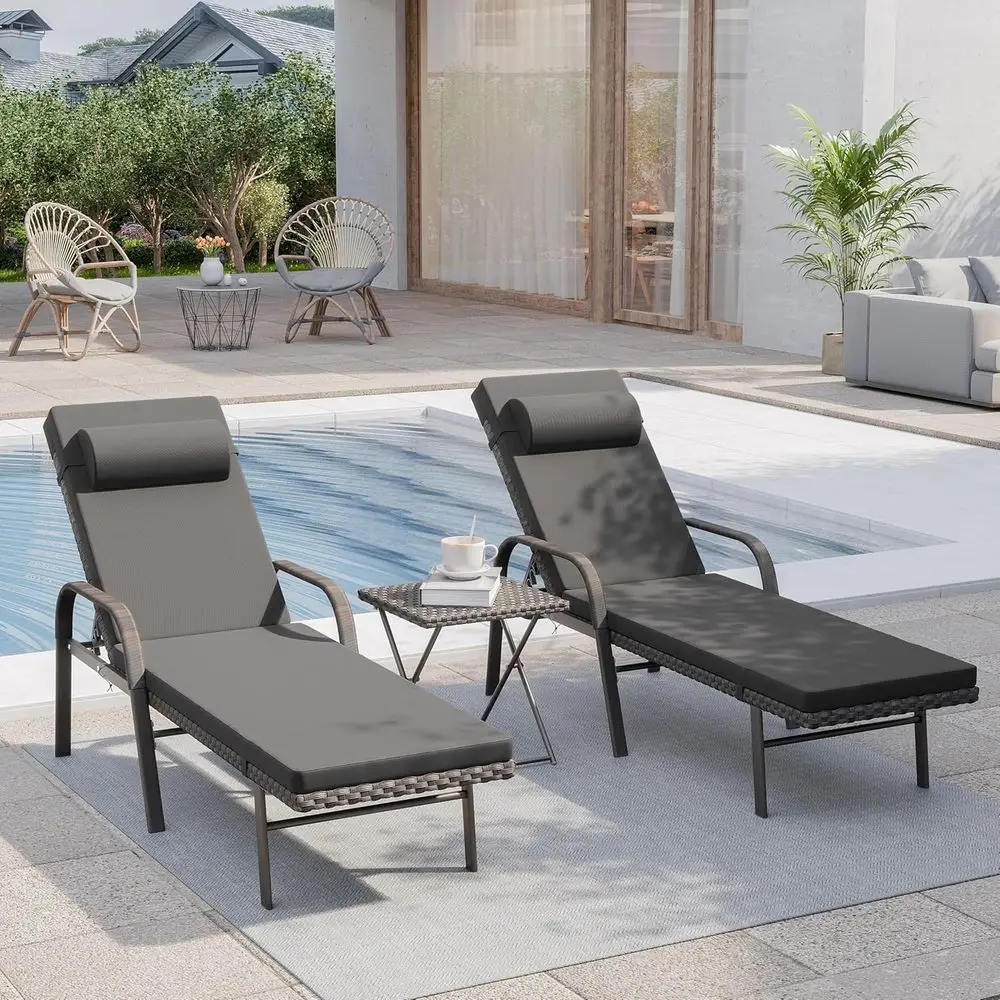 

3-Piece Outdoor Rattan Chaise Lounge Set with Adjustable Backrest, Side Table, and Cushions for Patio, Poolside, or Beach (Black
