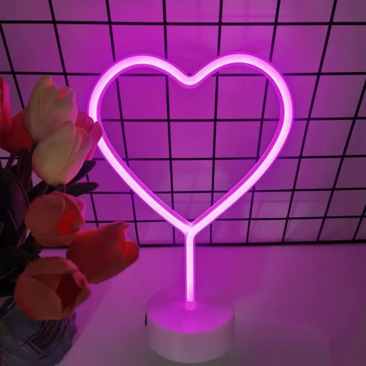 1pc Pink Neon Heart Light LED Neon Signs Night Light With Base Battery Powered Neon Table Light Suitable For Home Bedroom Party