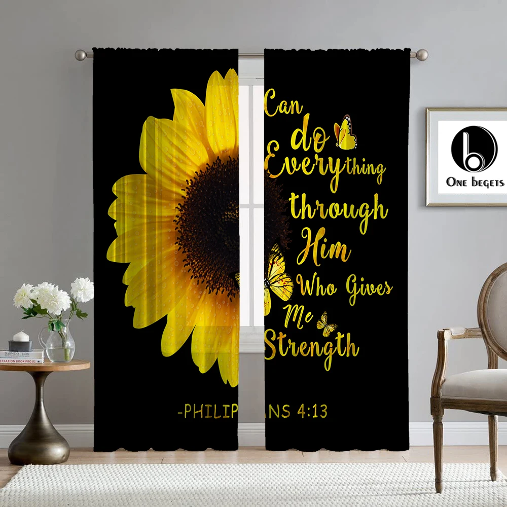 Sunflower Inspirational Proverb Family Curtain Living Room Sofa Bedroom Throw Pillow Cover Short Curtain Window Decoration