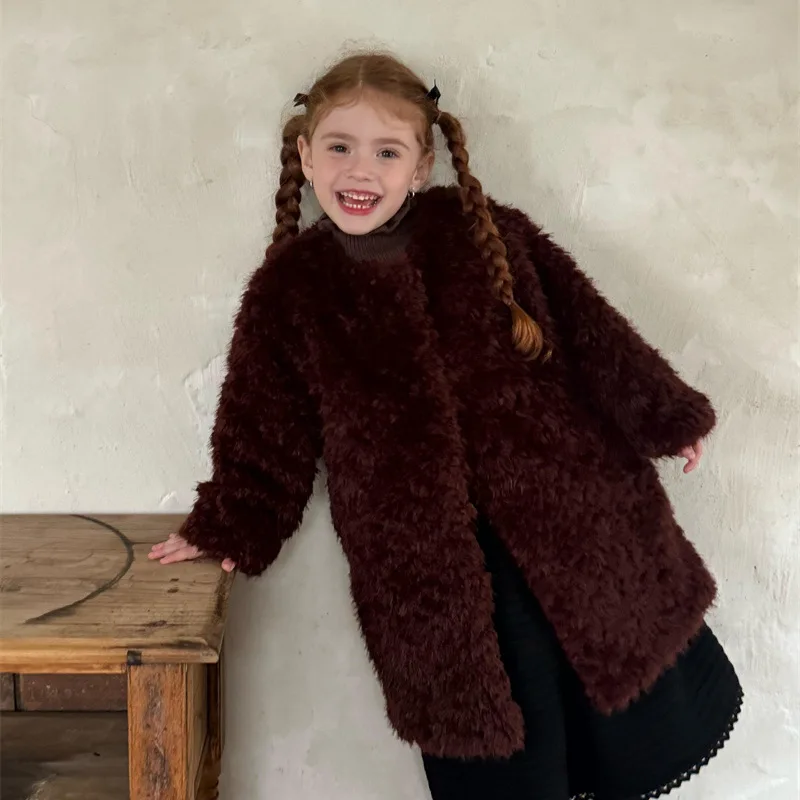 Girls Fleece Thick Wool Coat Children 2024 New Autumn Winter Fashion Simple Casual Coat European Fashion Style Warm Long Coat