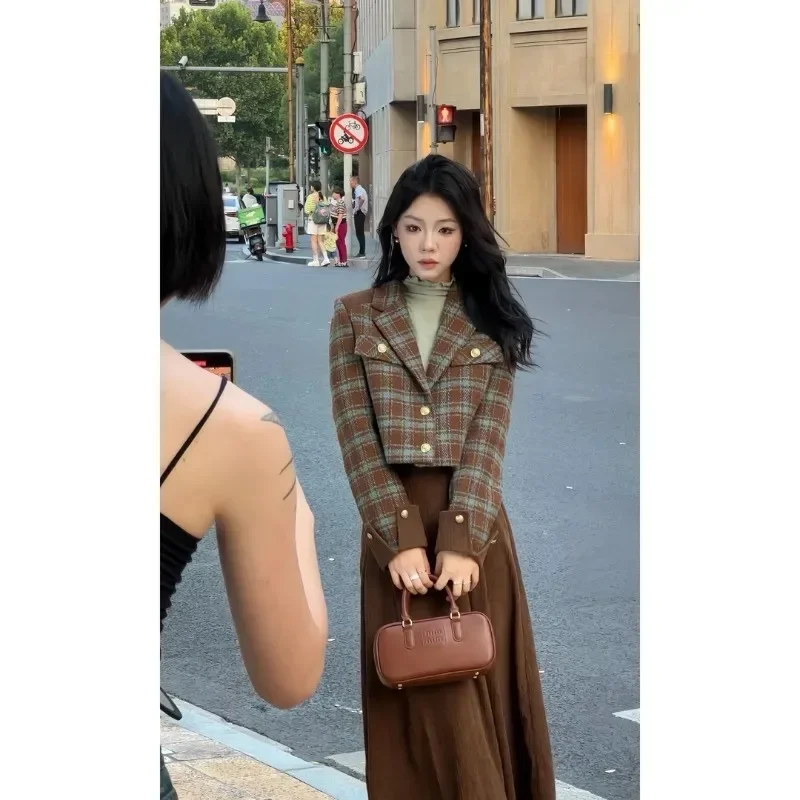 Retro Temperament Plaid Woolen Coat Pleated Skirt Two-piece Set Women Lapel Contrast Color College Sweet Thicken Winter Suit New