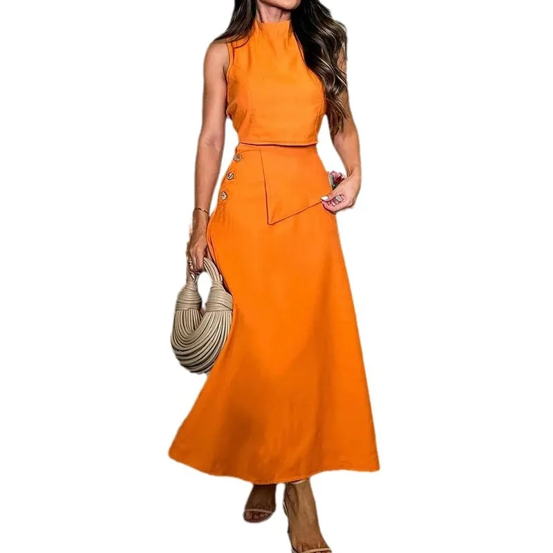 Women Skirt Set Two Piece Sets Slim Fit Sexy Round Neck Sleeveless Tops Elegant Splice High Waist A Line Mid Length Skirts