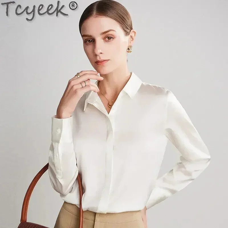 

93%Mulberry Tcyeek Silk Black Blouse 2024 Elegant Long-sleeve Tops Korean Shirt Women Clothing Blouses Chemise Femme