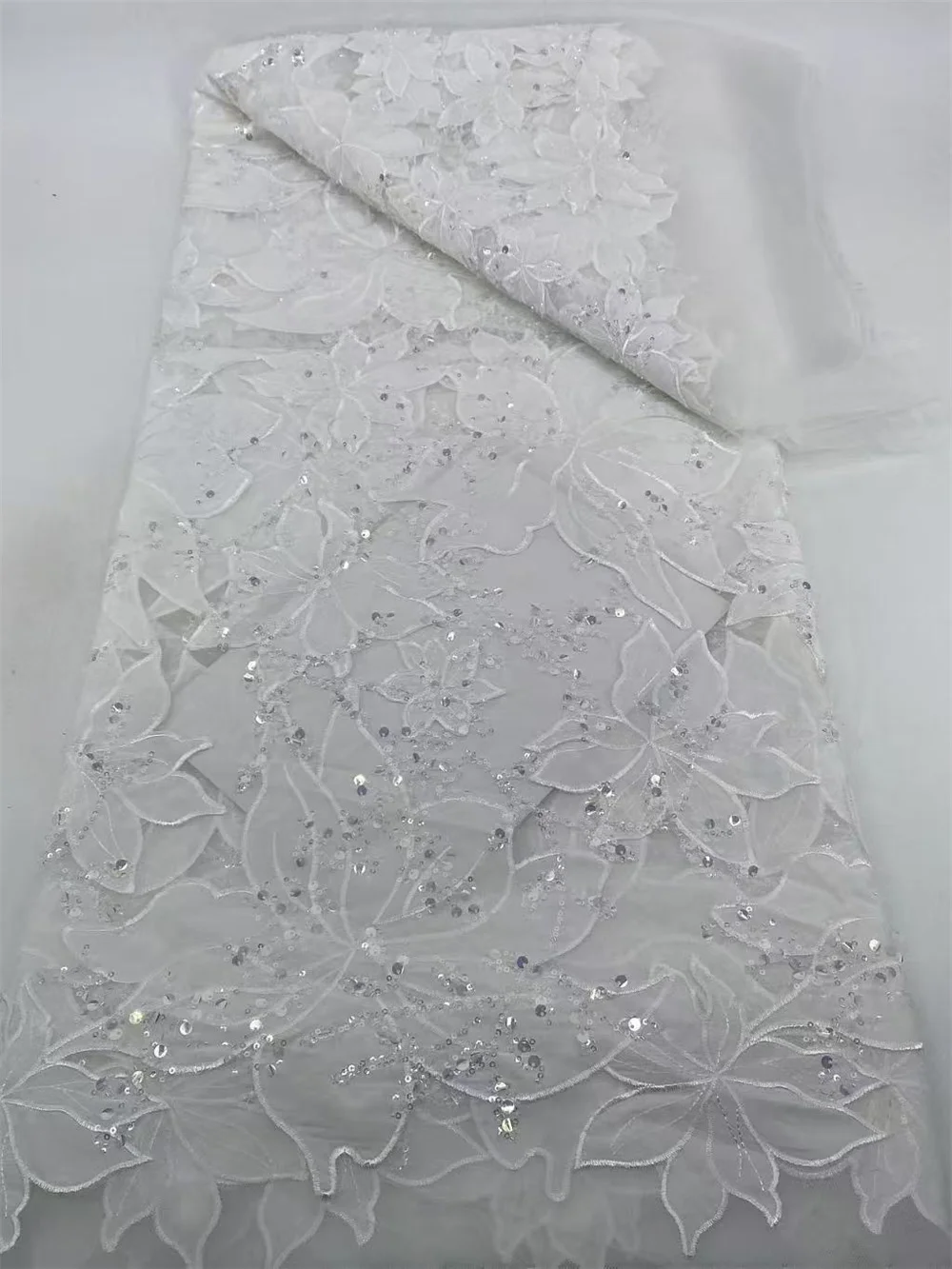 

Белая африканская шифоновая кружевная ткань с блестками, 2025 г., высококачественное нигерийское сетчатое кружево для шитья свадебного платья, французский L W608-1