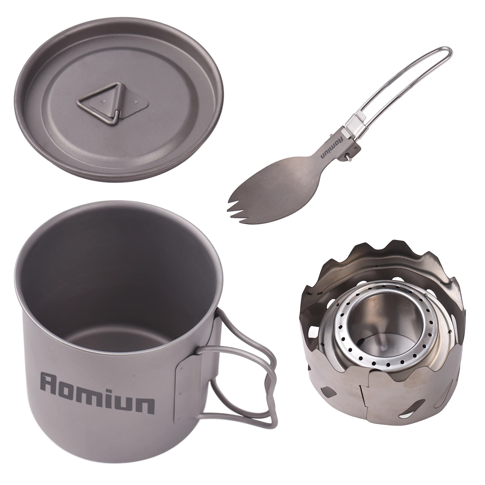 

Camping Cooking Set Ti 500ml Cup Fork Spoon Alcohol Stove Windscreen Portable Camping Cook Sets for 1 People