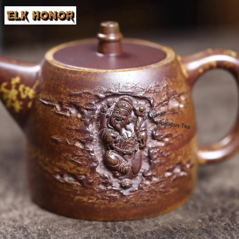 270ml Firewood Fired Pot Hollow Fortune God Of Wealth Teapot Yixing Purple Clay Teapots Raw Ore Gold Sand Kettle Zisha Teaset