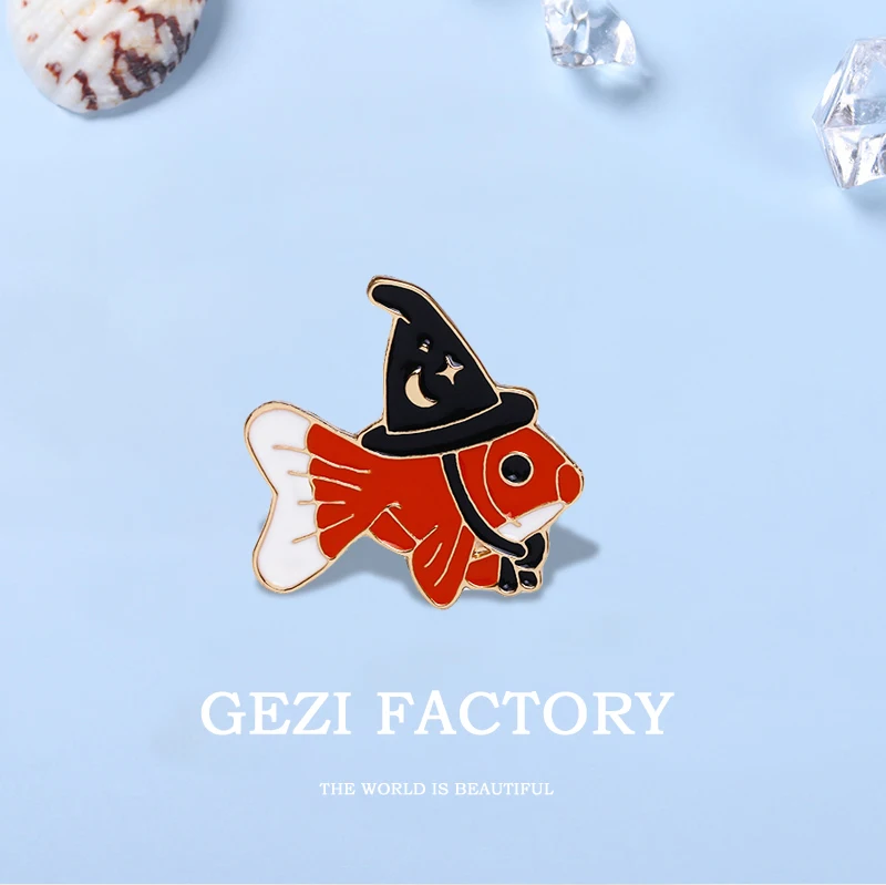 Wizard Fish Lapel Pins Halloween Goldfish with Witch Hat Enamel Brooches Cartoon Magic Elf Badge Shirt Bag Jewelry Gift for Kids