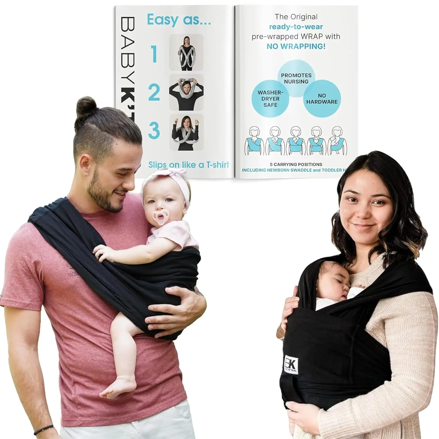 

Carrier: #1 Easy Pre-Wrapped, Soft, Slip-On, No Rings, No Buckles | 5 in 1 Baby Sling for Hands-Free Comfort | Black | Small
