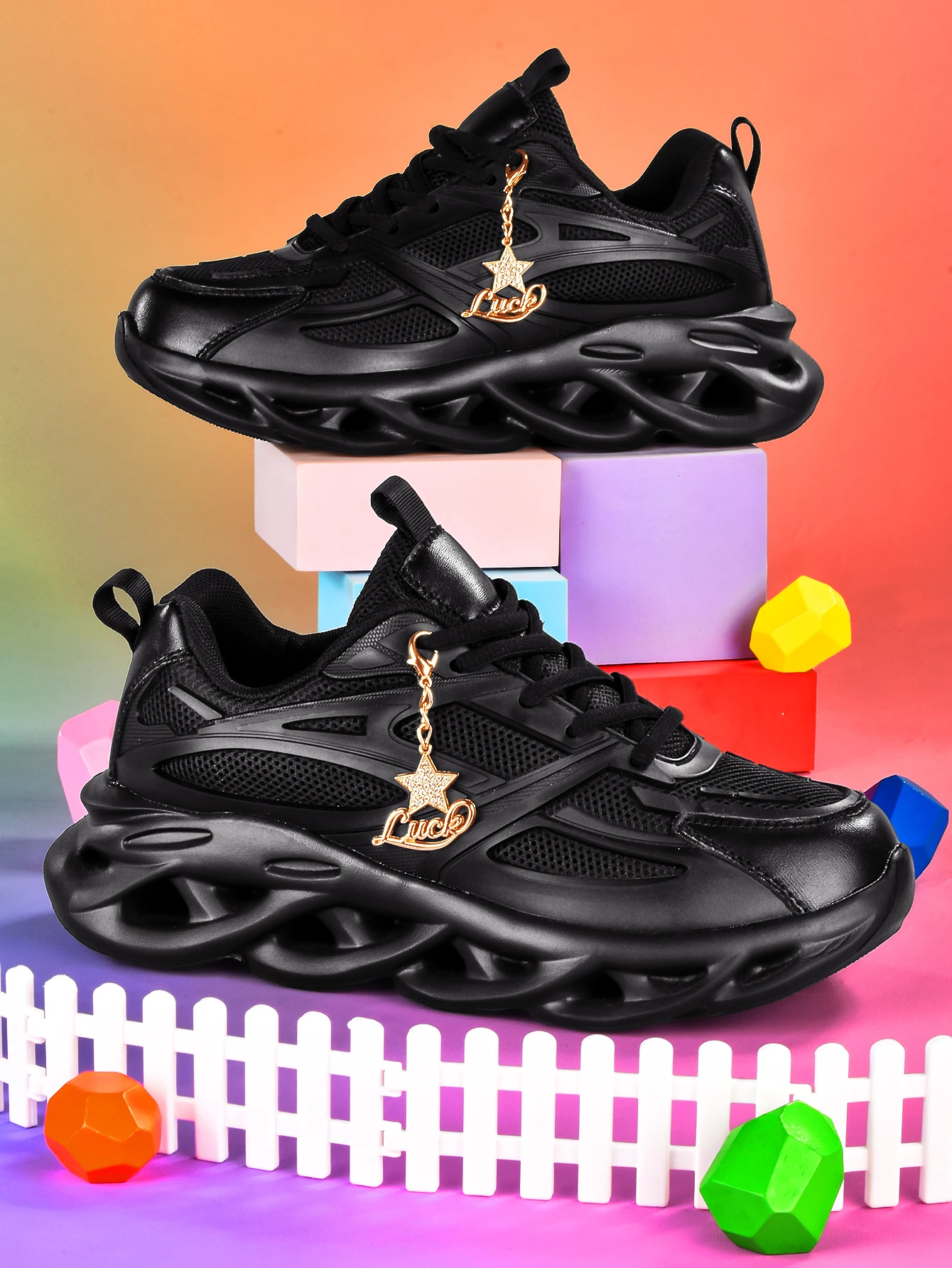 Women's EVA lightweight thick-soled vulcanized shoes, outdoor all-season style, 5CM height increase, black sneakers, Y2K sweet and cool style, detachable gold rhinestone pentagram