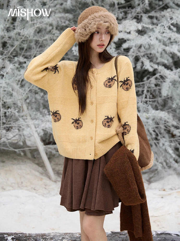 

Женский кардиган MISHOW, осень-зима 2022, модный жаккардовый однобортный свитер с круглым вырезом и забавным ананасом, женский MXE87Z2752