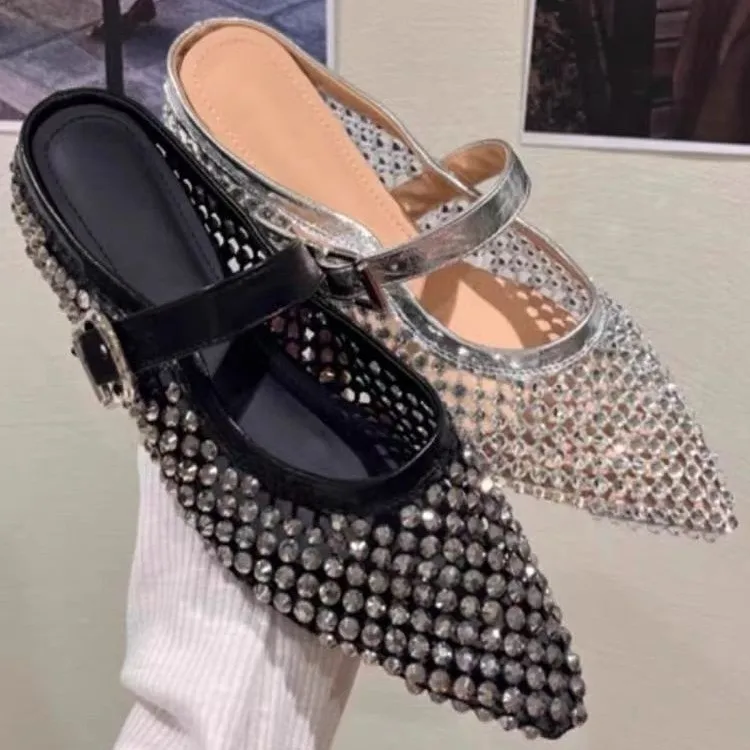 

Women's Sandals Breathable Fishnet Rhinestone Buckle Strap Ballet Flats Dressy Summer Retro Pointed-toe Outerwear Muller Shoes