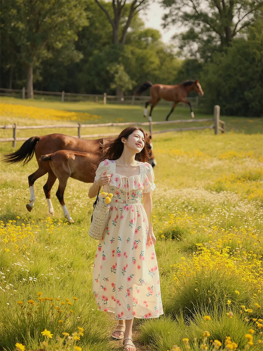 Damenkleider für Damen, Party, elegant, quadratischer Kragen, Schnürung, Volant, Rüschen, Fliege, Kordelzug, weich, Vintage, Boho, romantisch