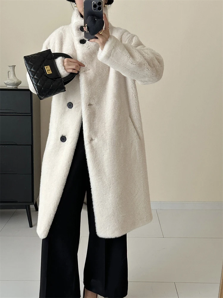 LANMREM Fashion Imitation Mink Fur Women's Coat Stand Collar Single Breasted Solid Color Mid Length Coats 2024 Winter New 2Z2626