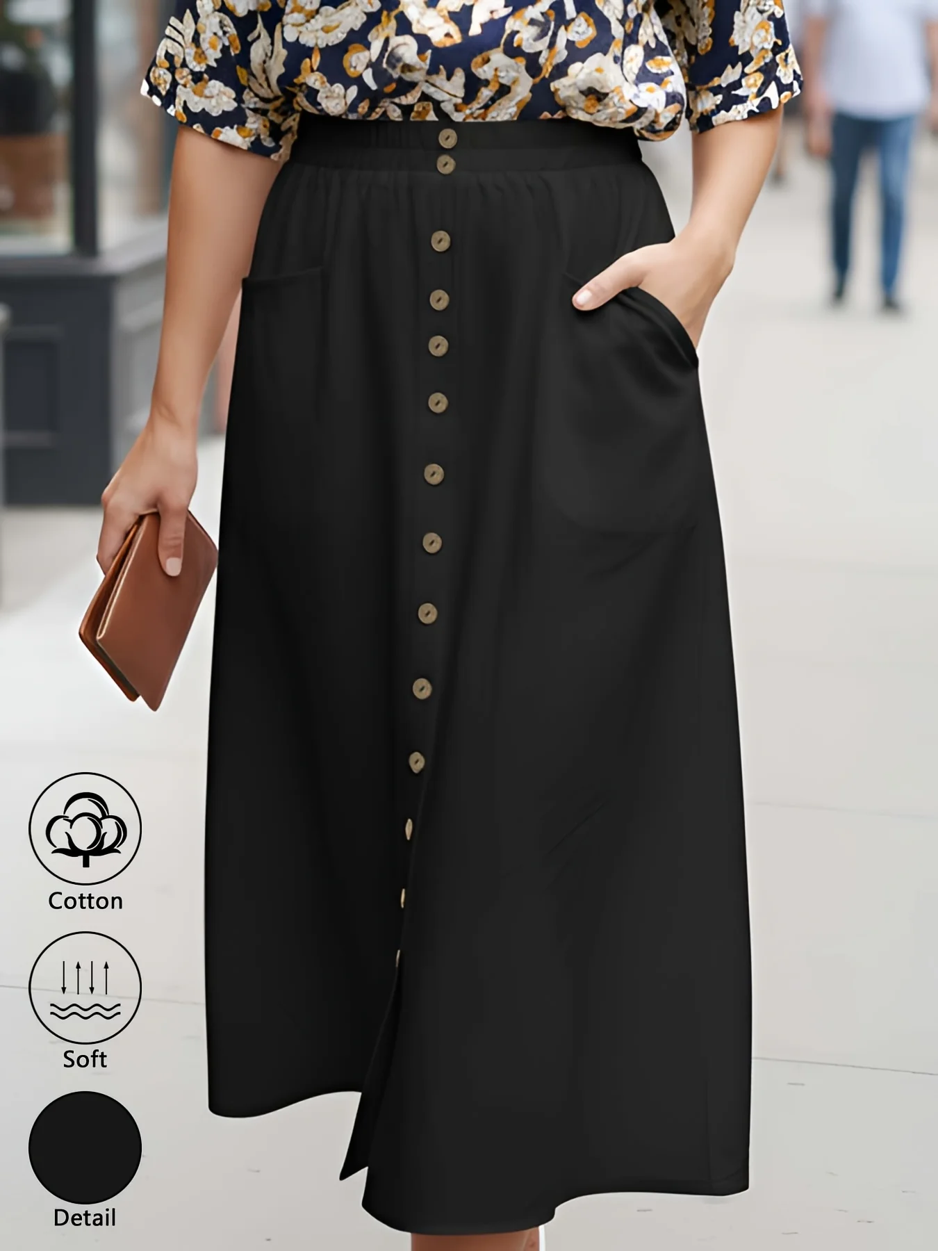 Women's Simple and Elegant 100% Cotton Midi Skirt with Button Detail; an Elegant, Casual Skirt Featuring Pockets.