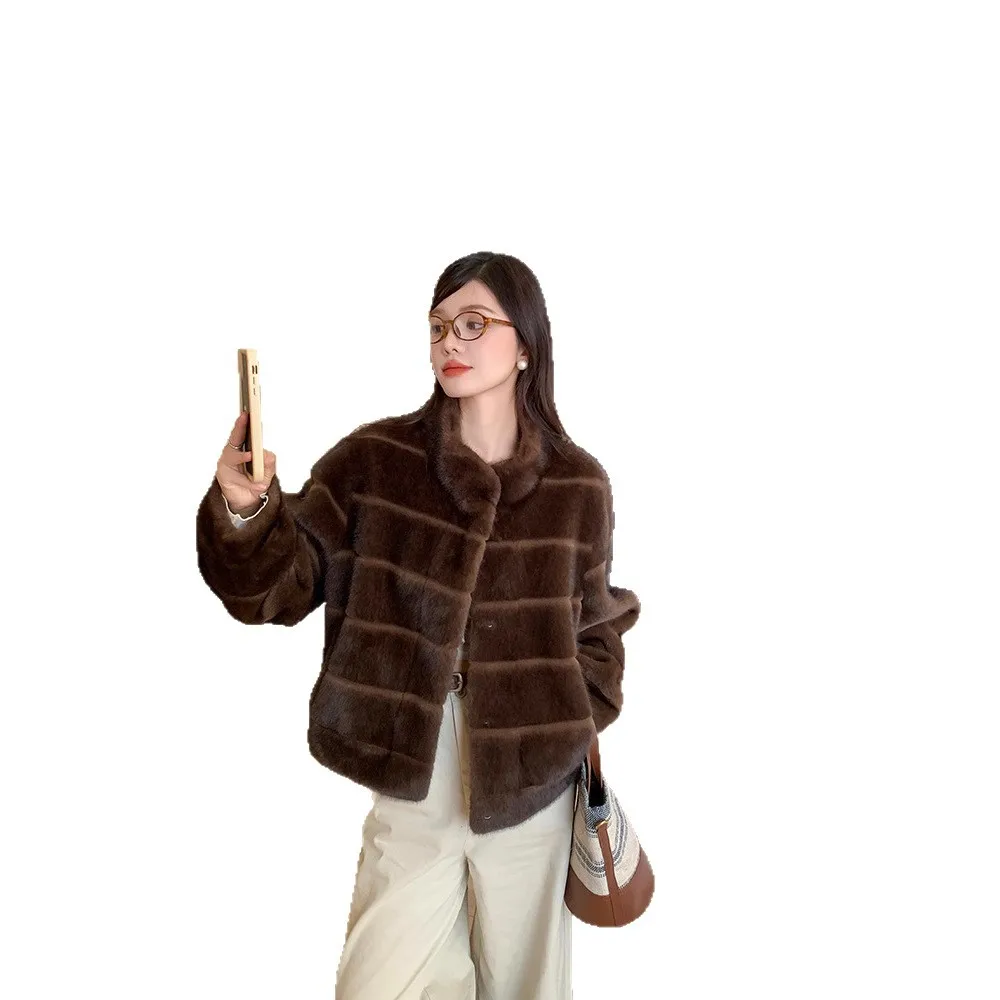 سترات قصيرة أنيقة من القطيفة على الطراز الكوري بياقة واقفة وأكمام طويلة معاطف فضفاضة من الفرو الصناعي للنساء للشتاء #4