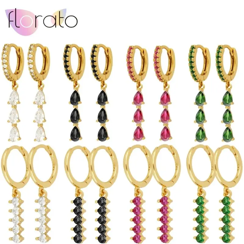 

925 Sterling Silver Needle French Simple Design Dangling Strip Colored Zircon Hoop Earrings Women's High Fashion Jewelry Gift