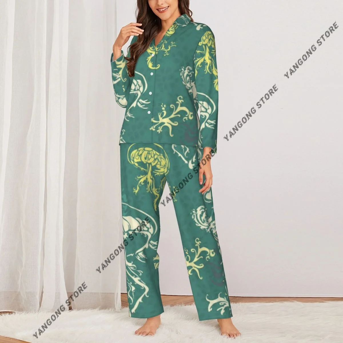 Spring and Autumn Long Sleeve Pants Pajamas Loungewear Set Jellyfish Pattern Women's Pull Edge Loose Sleeping Suit