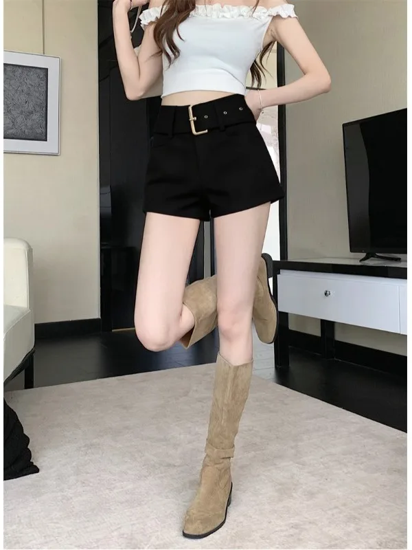 

High Waist Versatile A-Line Shorts Women's Summer Fashion Casual Pants Belted Suit Shorts New Style Polyester Fiber