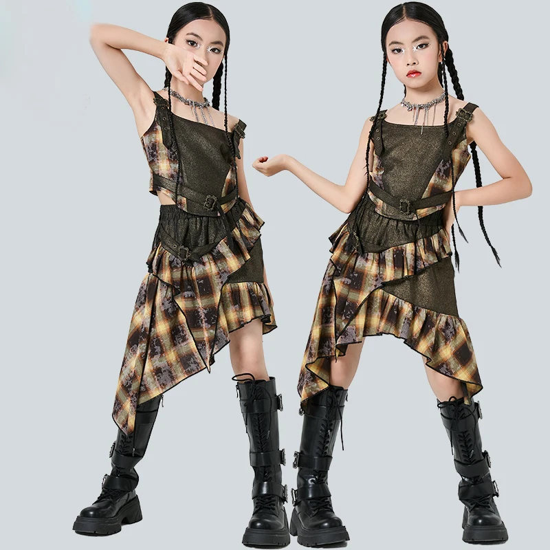 

2025 New Jazz Stage Outfits Girls Performance Clothing Hip-Hop Dance Clothes Punk Retro Style Irregular Plaid Skirt XH2794