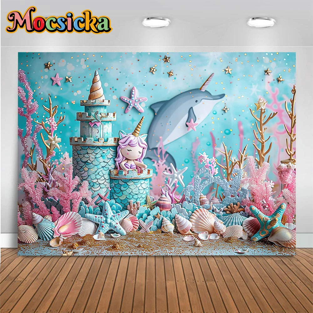 Фон для фотографирования девочек с изображением русалки на день рождения баннер синий подводный замок Морская ракушка Блестящий Декор Детская Фотостудия