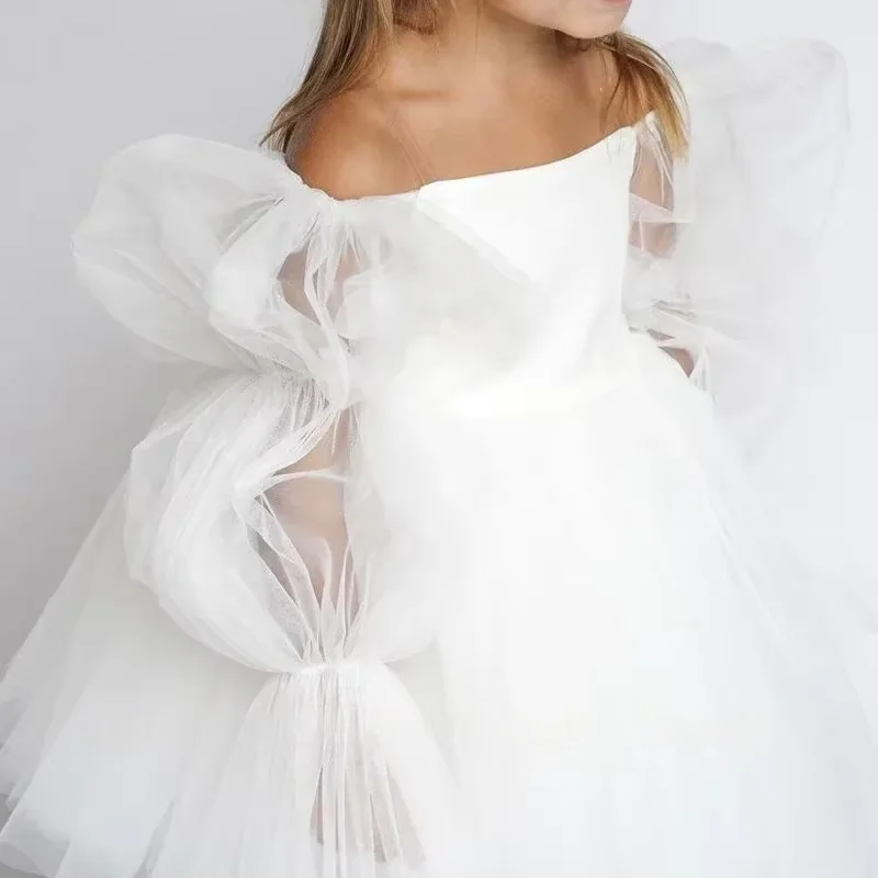 Kids Princess Dress Girls Off Shoulder Dress Puff Sleeve Tulle Dress FormalElegant Party Gown Toddler Formal Wear Birthday Cele