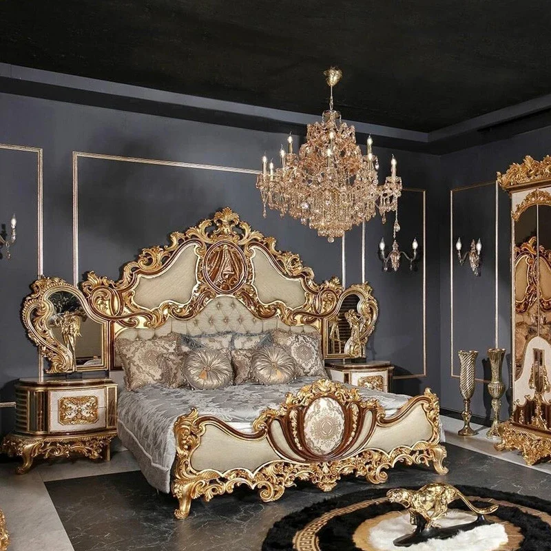 

Elegant hand-carved design retro gold wooden king bed classical fabric upholstered luxury bedroom furniture set