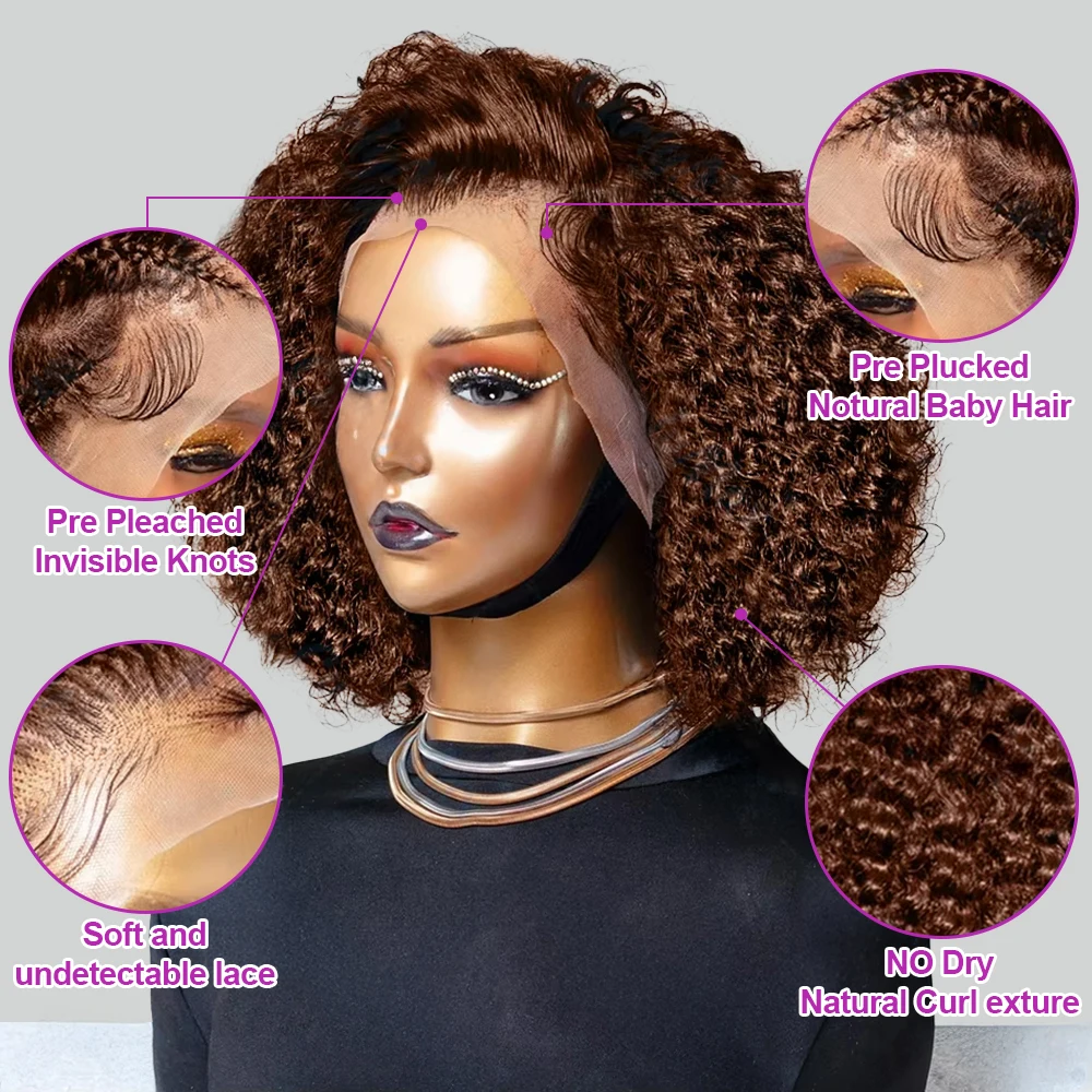 Wig Rambut Manusia Jerry Kinky Curly Cokelat Coklat Tua Tanpa Lem # Wig Frontal Lace HD 13x4 Deep Wave 4 Warna untuk Wanita, Kepadatan 250%