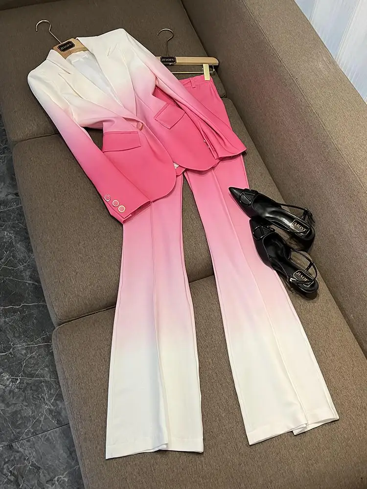 

2026 New Celebrity Fashion Personality Gradient Color Slim Fit Suit Bell Bottom Pants Set Two Piece Set A923 Women's Business...
