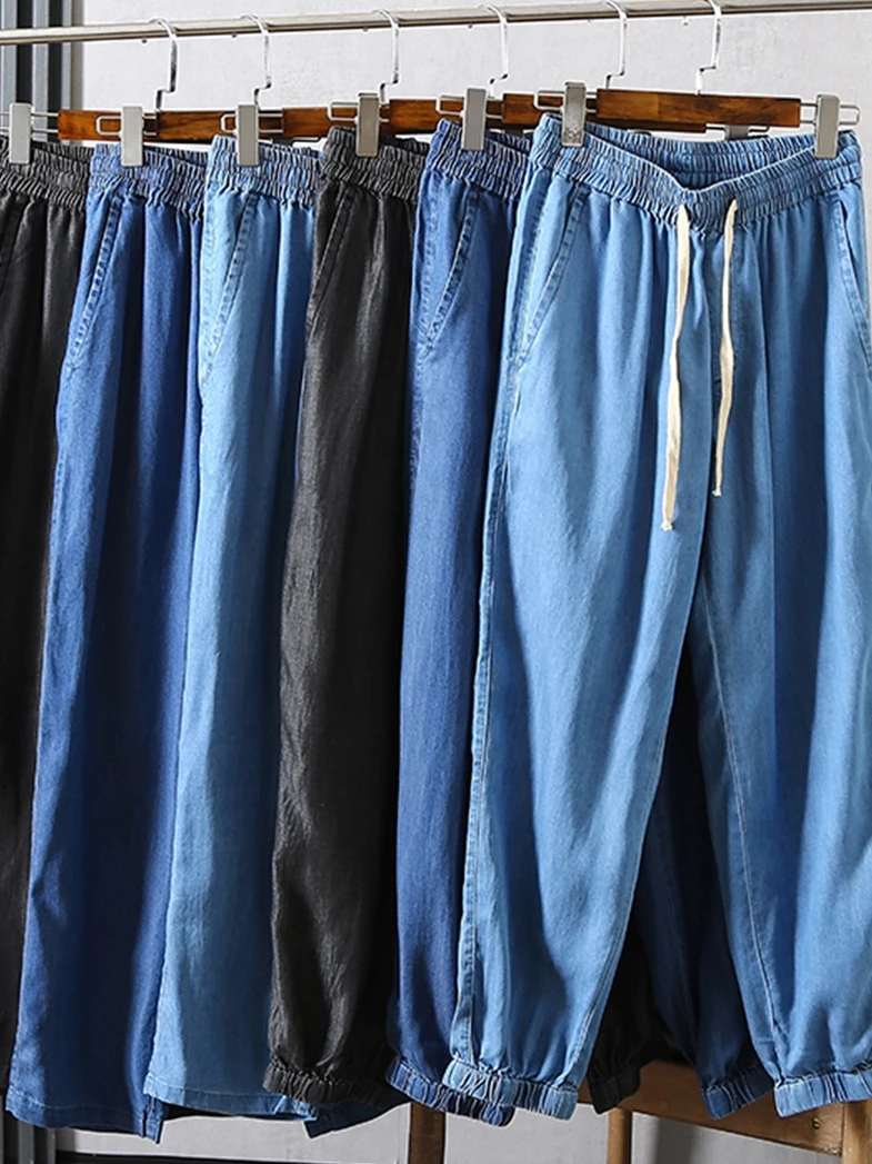 

Крутые удобные мужские летние джинсовые брюки со свободными манжетами и эластичной резинкой на талии, прямые повседневные длинные брюки, модный крой