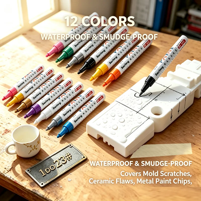 12Pcs Permanent Paint Markers – Waterproof for Car Scratch Repair, Mold Retouching, Flower Pot Painting, Multi-Surface Art
