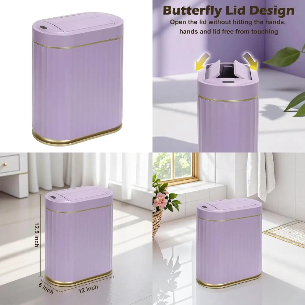 

2 Gallon Butterfly Lid Sensor Trash Can, Waterproof Bathroom Bin, Purple Decorative Wastebasket for Home