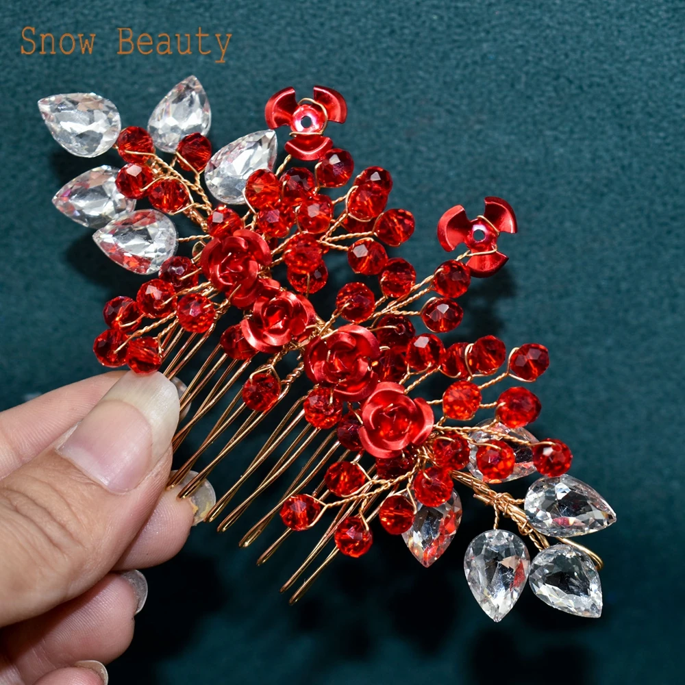 

DZ0100 Red Bridal Comb Rhinestone Bridal Headwear for Women Headdress Wedding Hair Accessories Handmade Party Girl Headpiece