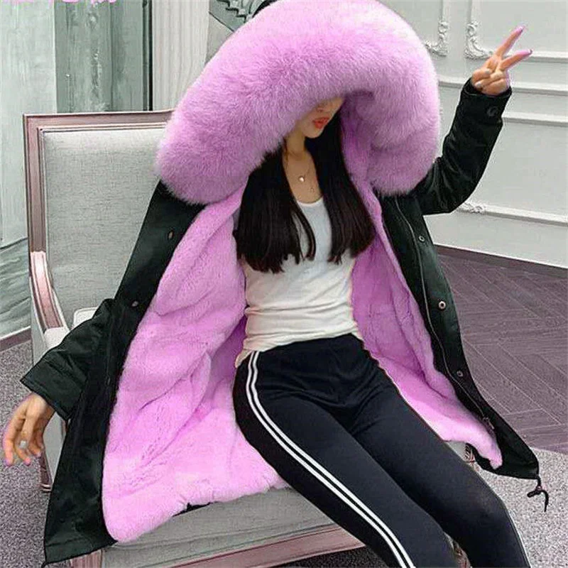 Detachable Inner Liner Sent Pai Overcome Jackets Women Winter New Fox Fur Coats Mink Hooded Outerwear Long Thick Overcoat Female