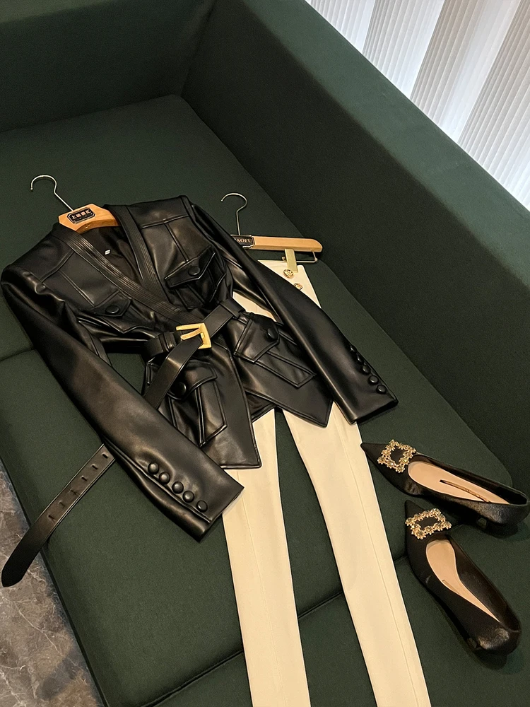 Faionable Gürtel Slim Fit Leder Jaet Mantel AK25 Frühherbst Neue Sle Long Sve Umlegekragen Anderes Material 00%