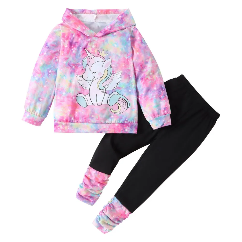 Children Girls Set Spring Autumn Casual Cartoon Printed Tie-dye Full Print Hooded Coat T-shirt Pants Kids Tracksuit 2Pcs Clothes