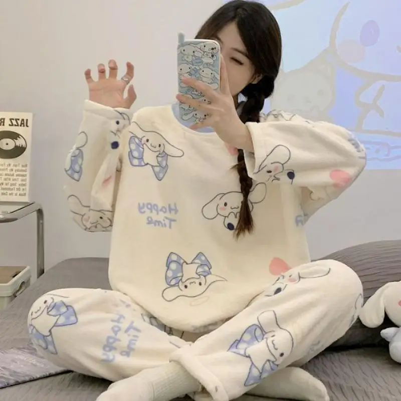 Cartoon Sanrio Hello Kitty Pajama Set Student Kawaii Kuromi Cinnamoroll Hangyodon Girl Autumn Winter Thicken Keep Warm Home Wear