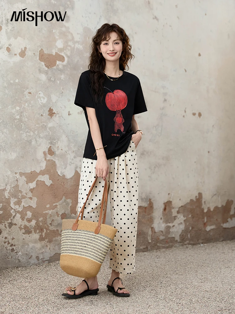 MISHOW Apple Bear Printed T-shirt 2024 Summer Round Neck Loose Tops 100 Cotton Falling Shoulder Sleeves Casual Tees MXD30T0299