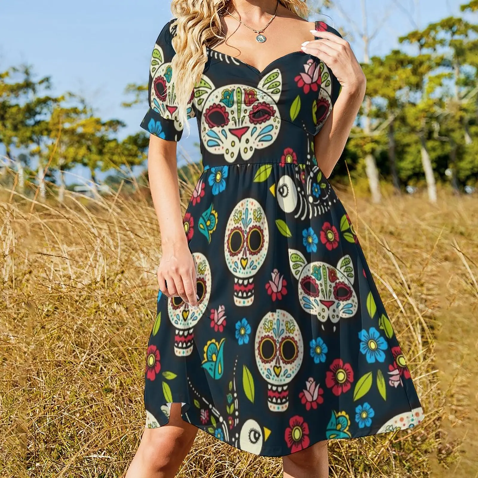 Halloween Day of The Dead Dress Sexy V Neck Mexican Traditional Celebrates Skulls Cute Dresses Stylish Big Size Casual Dress