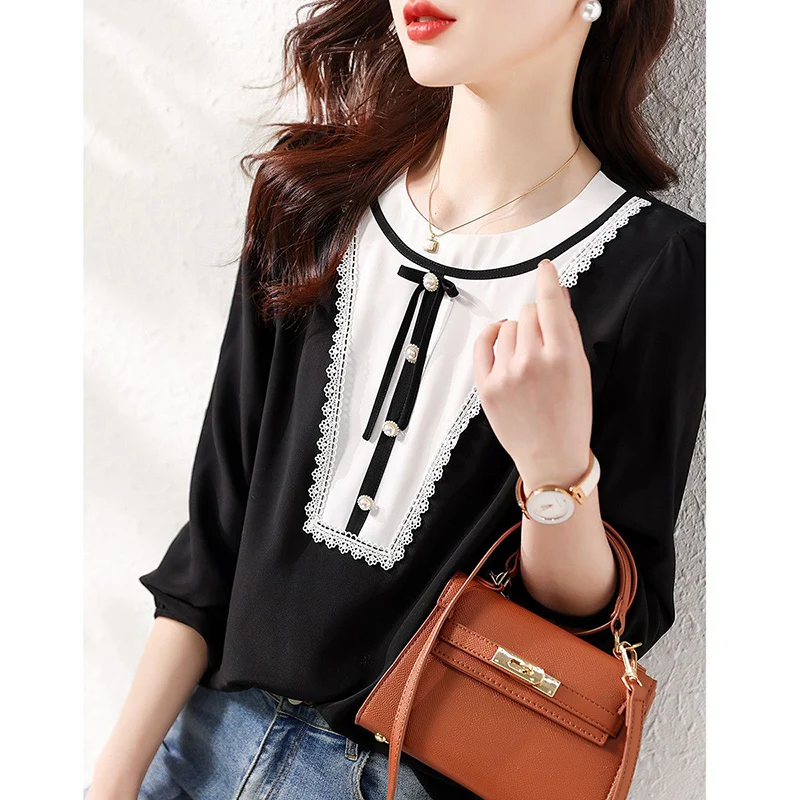 Fashion O-Neck Spliced Lace Beading Bow Blouses Women's Clothing 2023 Autumn Winter Loose Casual Pullovers Commuter Shirts