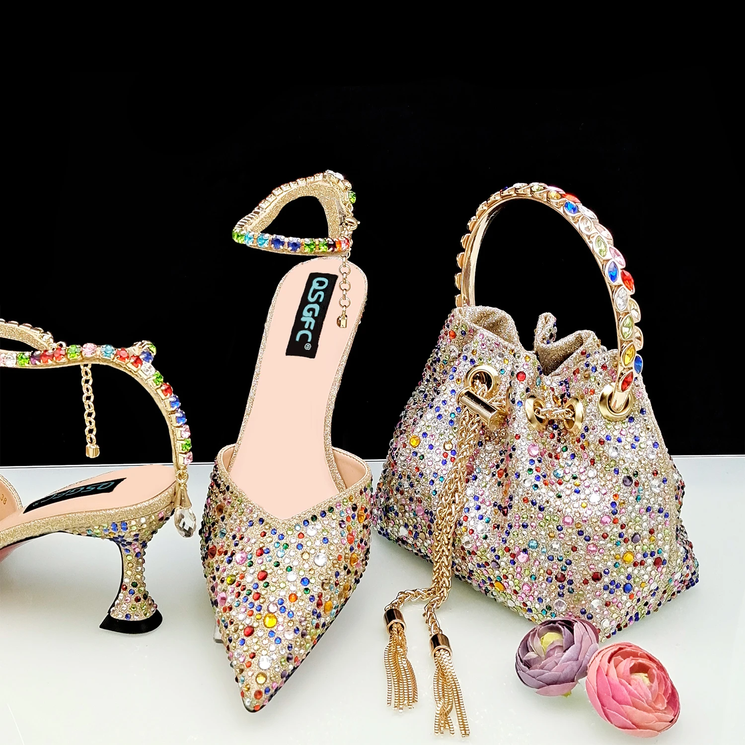 

2024 Hot Selling Fashion Elegant Party High Heels Lady Pointed Toe Shoes and Bag Set Decorated With full of Colorful Rhinestone