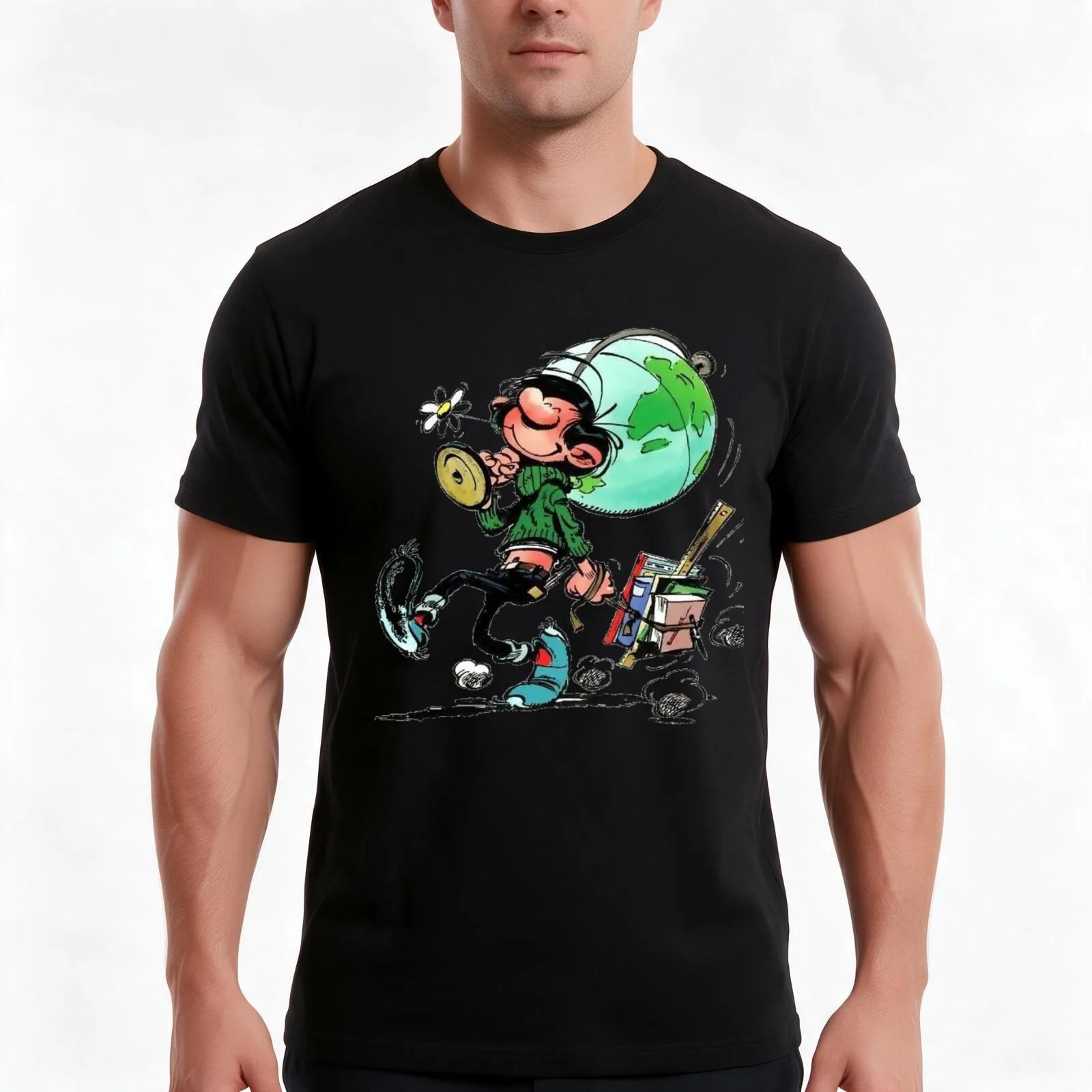 Gaston lagaffe T-Shirt, Summer Casual Cotton Tee, Oversized Streetwear Tops, Vintage Graphic Print, Loose Fit Short Sleeve