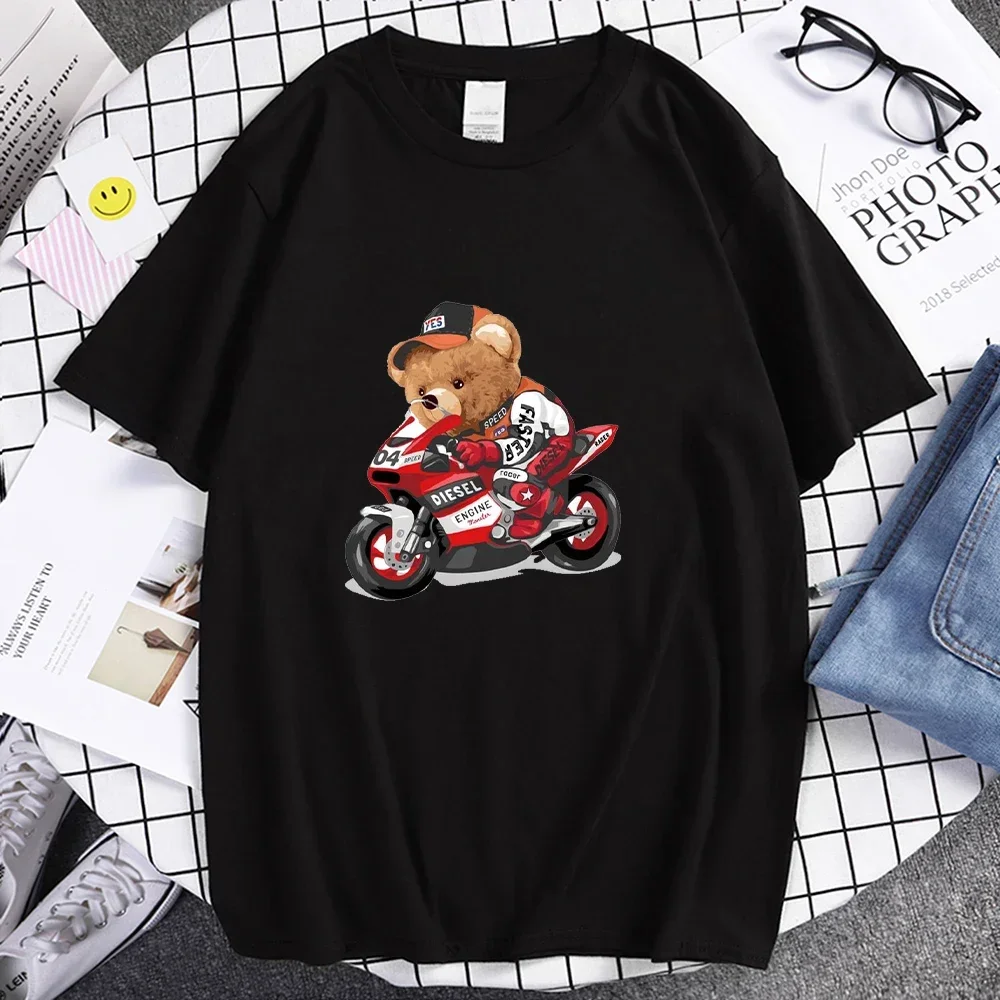 Men's Motorcycle Bear Printed T-shirts Summer Short Sleeve Casual Tees Y2k Harajuku Designer Tops Oversize Streetwear XS-3XL