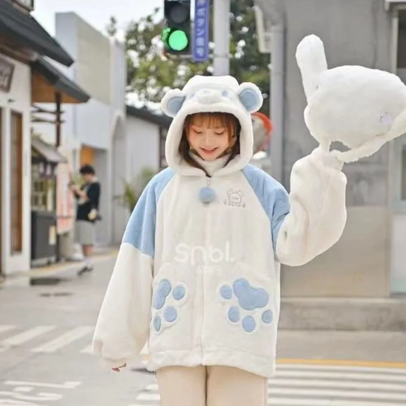 Preppy Style Patchwork Y2k Bear Hooded Zip-up Jackets Women Kawaii Sweet Lamb Wool Coats Winter Korean Fleece Sweatshirts