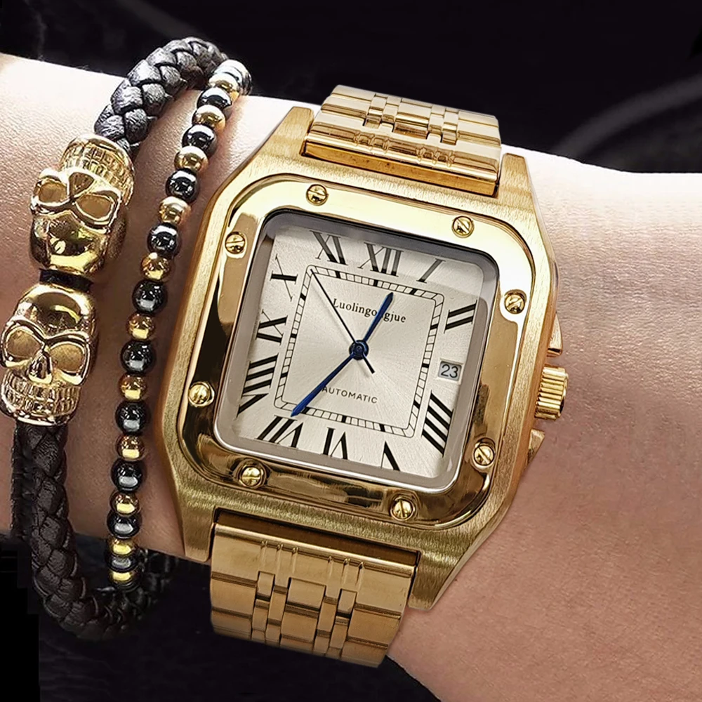 Reloj mecánico para hombre de la serie Santos Tank de lujo de alta gama, diseño de esqueleto, cuerda automática, correa de acero inoxidable, esfera cuadrada, estilo europeo y americano, moderno, informal, versátil, guapo, el mejor regalo para él