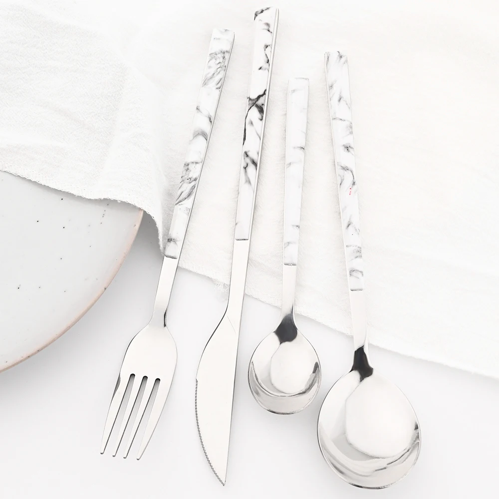 4pcs/set White Silver Cutlery Set Stainless Steel Wooden Handle Dinnerware Set Fork Spoon Knife Tableware Kitchen Flatware Set