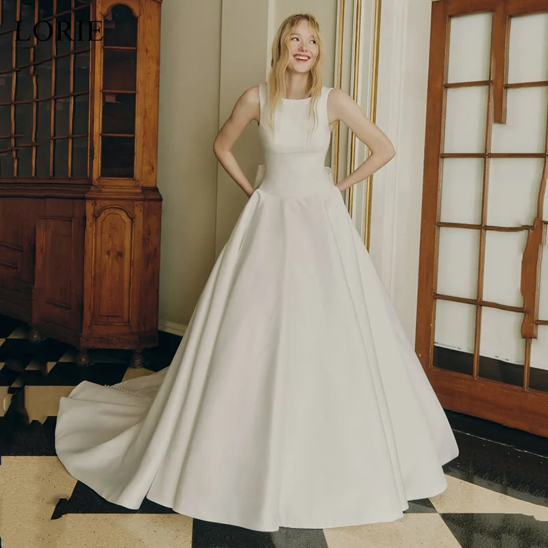 

LORIE Elegant Satin Bow Wedding Dresses A-Line Button Bride Prom Gown Pleated Long-Length Bridal Gowns Customized