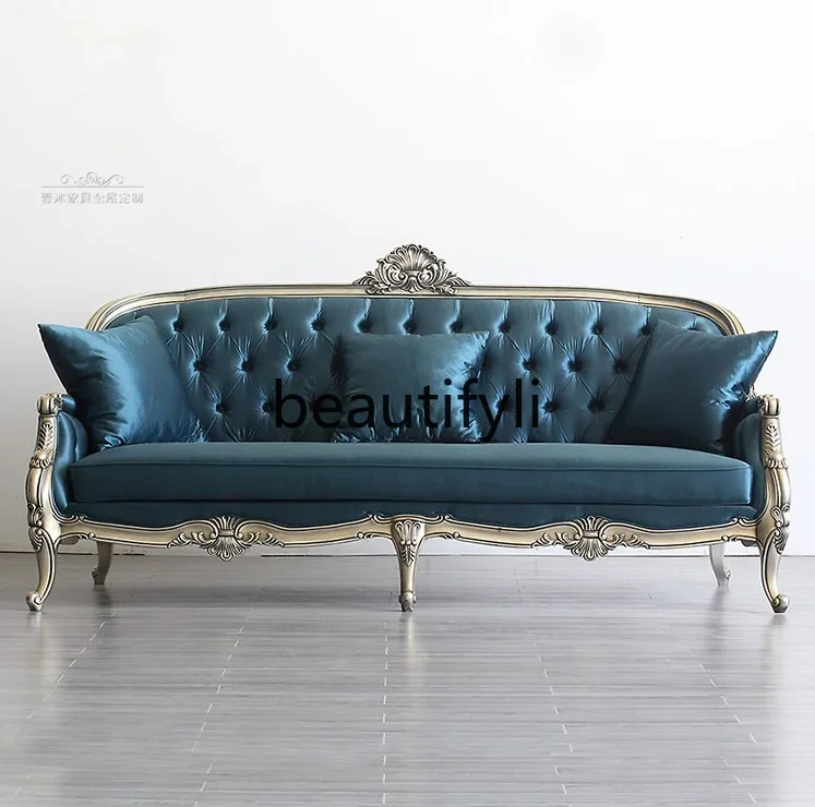 

American solid wood carving flower fabric buckle three-person sofa French retro designer sofa9344