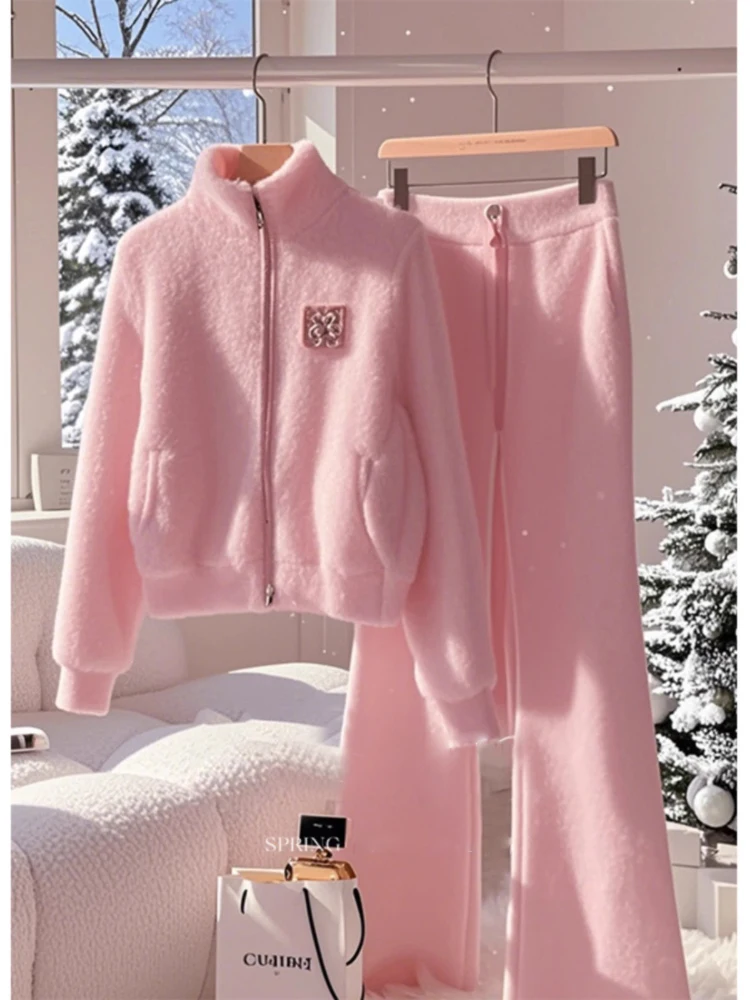 

Pink Stand Collar Sweater Jacket Casual Pants Two Piece Set Women's Autumn Gentle High-End Feeling Complete Matching