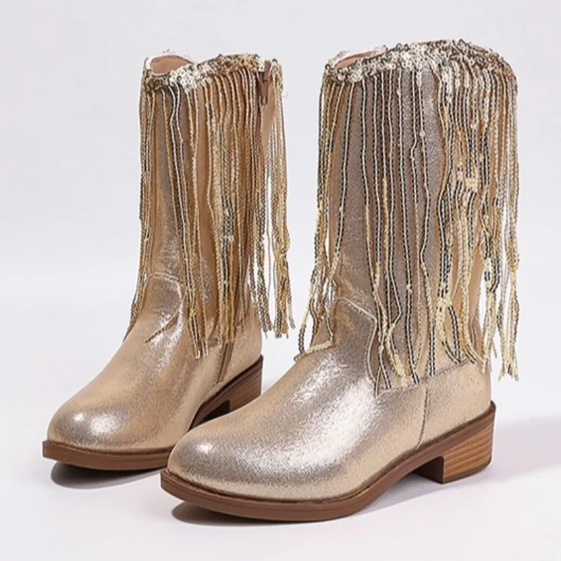 Children Boots Versatile Tassels Pink Elegant 2026 New Performance Girls Boots Low Heels Shiny Solid Color Britain Princess Boot